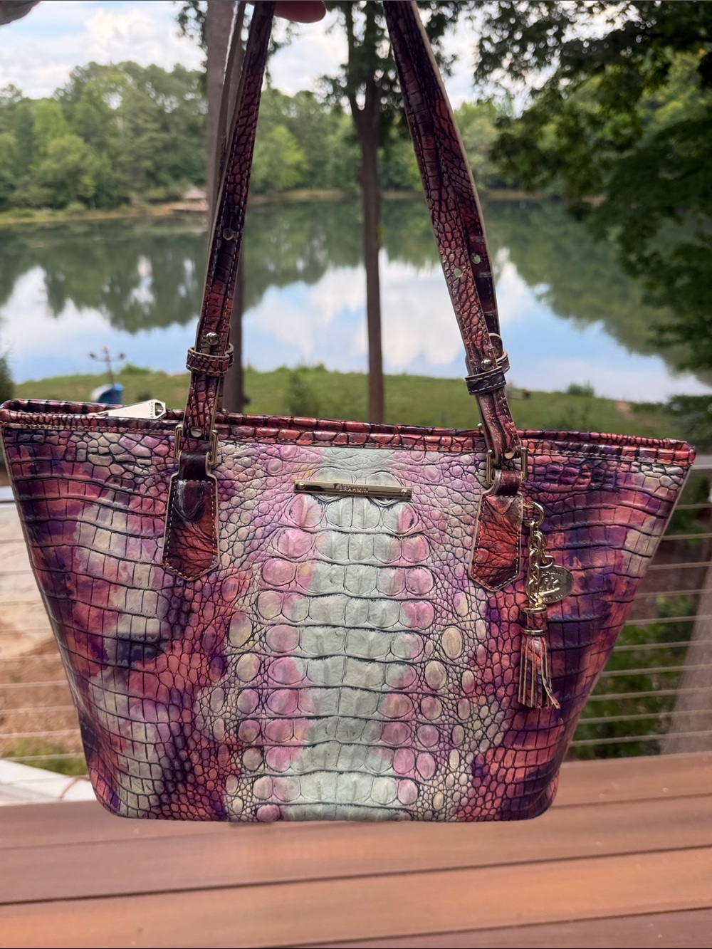 Brahmin Multicolor Croc-Embossed Shoulder Tote with Tassel